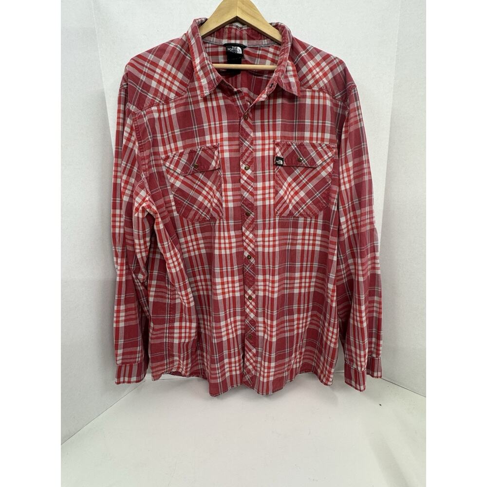 The North Face Men's XXL Red Plaid Long Sleeve Pearl Button Shirt Outdoor Hike